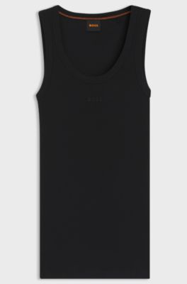 Stretch-cotton slim-fit top with ribbed structure, Black