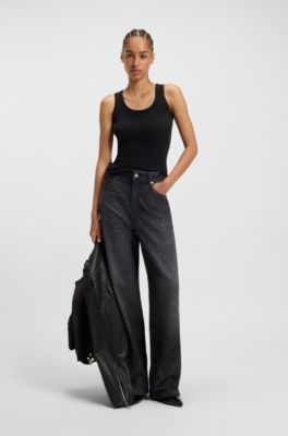 Slim-fit top van stretchkatoen met ribstructuur, Zwart