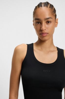 Stretch-cotton slim-fit top with ribbed structure, Black