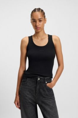 Top slim fit in cotone elasticizzato con lavorazione a coste, Nero