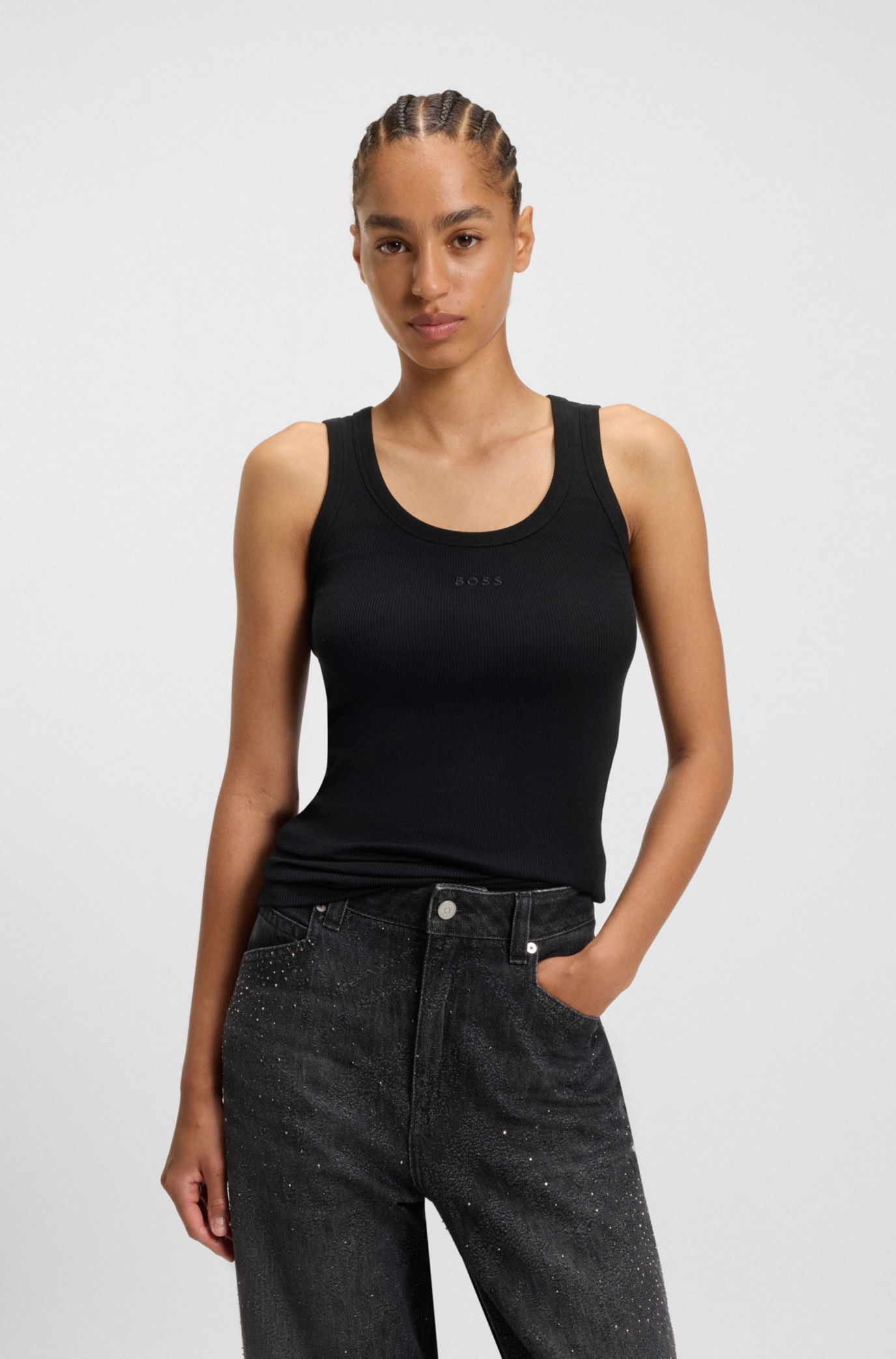 Stretch-cotton slim-fit top with ribbed structure, Black