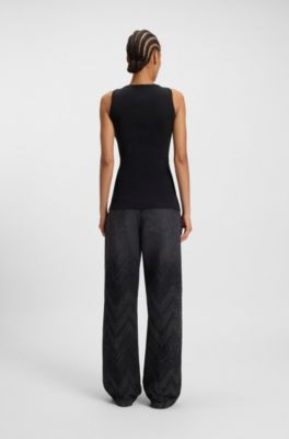 Top slim fit in cotone elasticizzato con lavorazione a coste, Nero