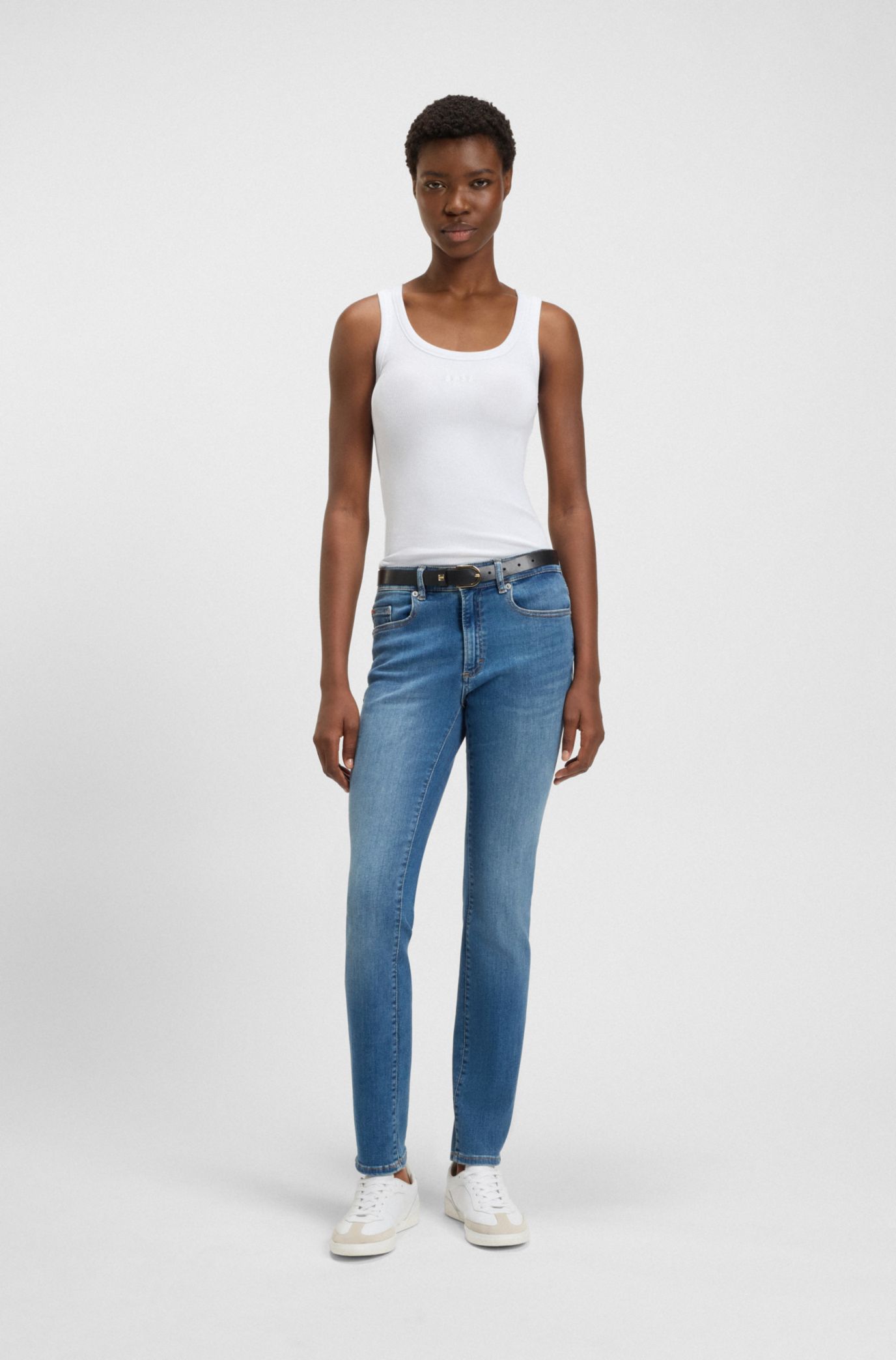 Stretch-cotton slim-fit top with ribbed structure, White