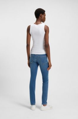 Slim fit-topp i stretchig bomull med ribbstickad struktur, Vit