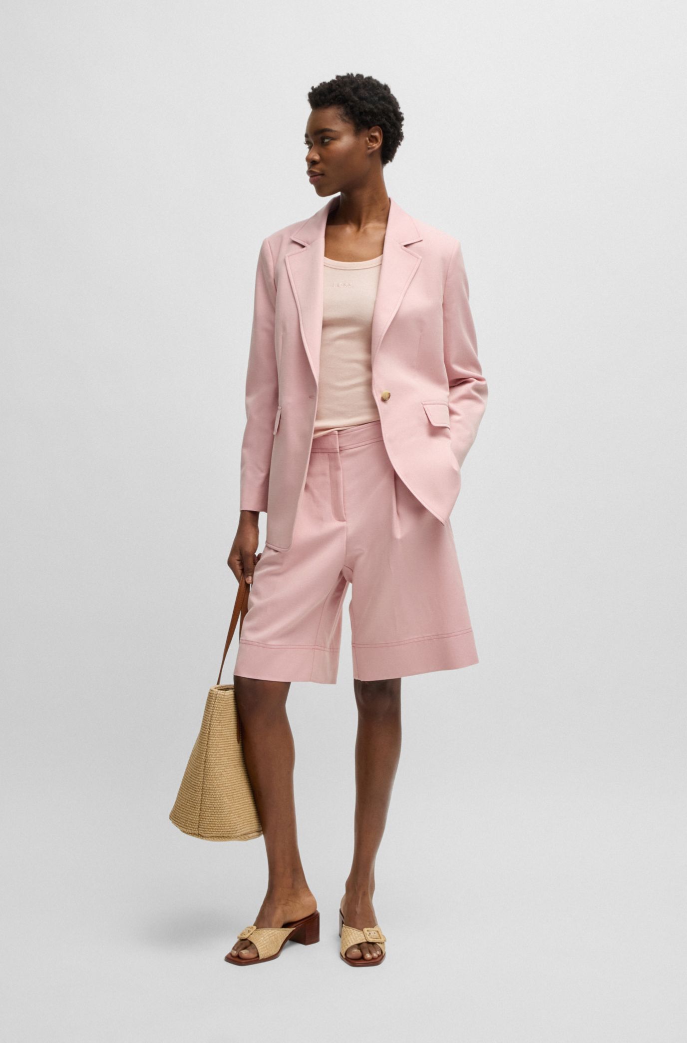 Stretch-cotton slim-fit top with ribbed structure, light pink