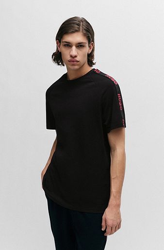 Relaxed-fit T-shirt in stretch cotton with logo tape, Black
