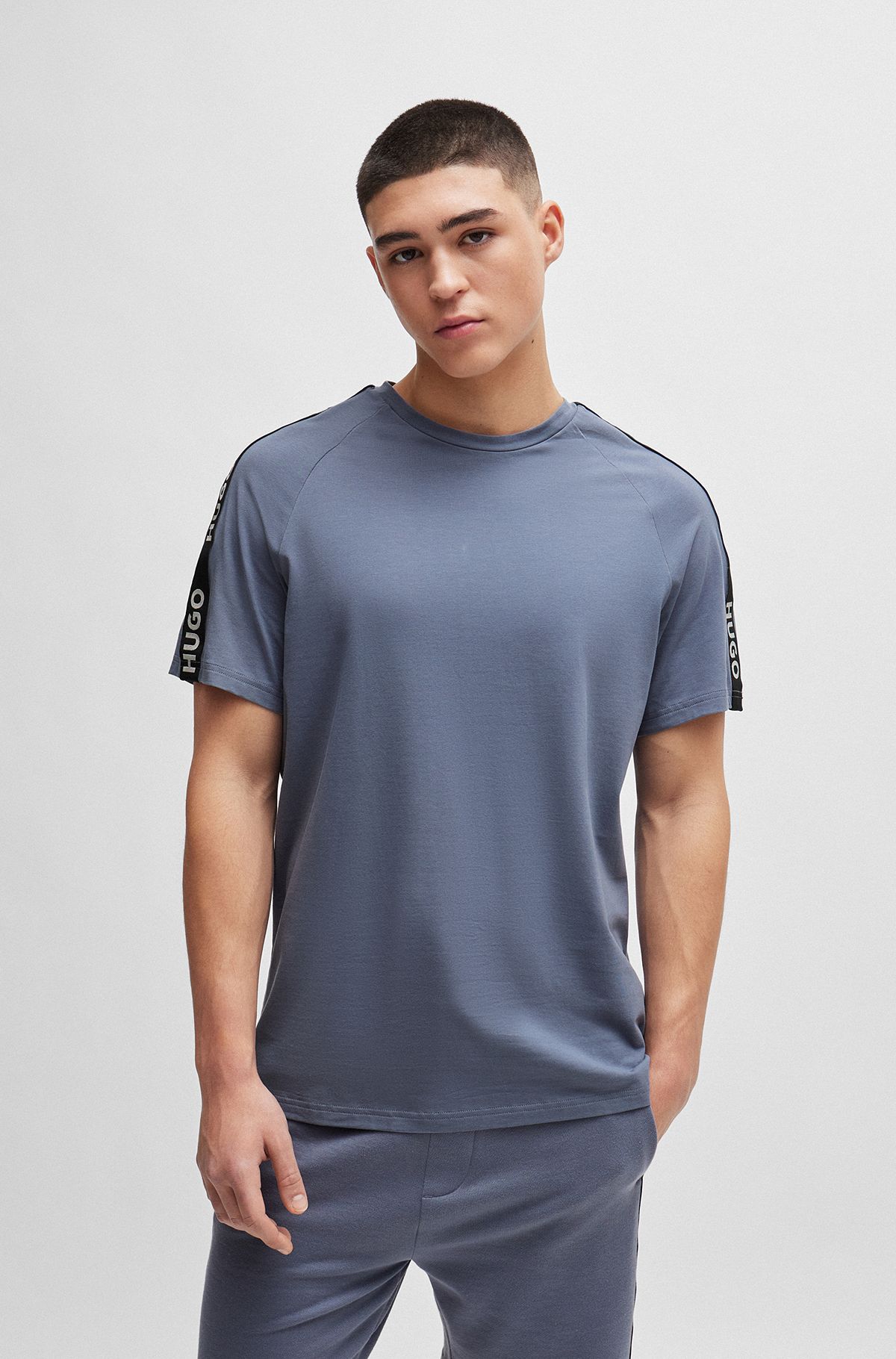 Relaxed-fit T-shirt in stretch cotton with logo tape, Light Blue