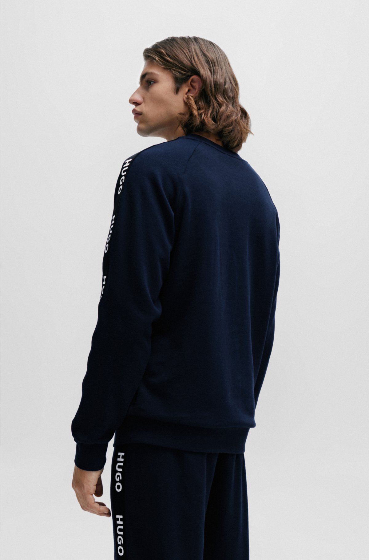 Cotton-terry sweatshirt with logo tape and ribbed cuffs, Dark Blue