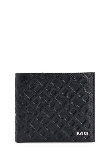 Grained-leather wallet with embossed monograms, Black