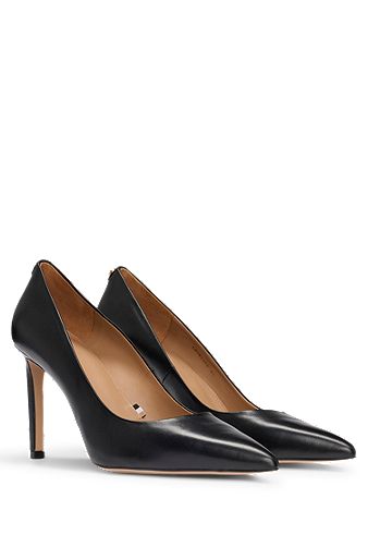 High-heeled pumps in leather with pointed toe, Black