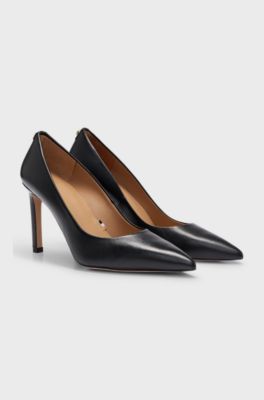 High-heeled pumps in leather with pointed toe, Black