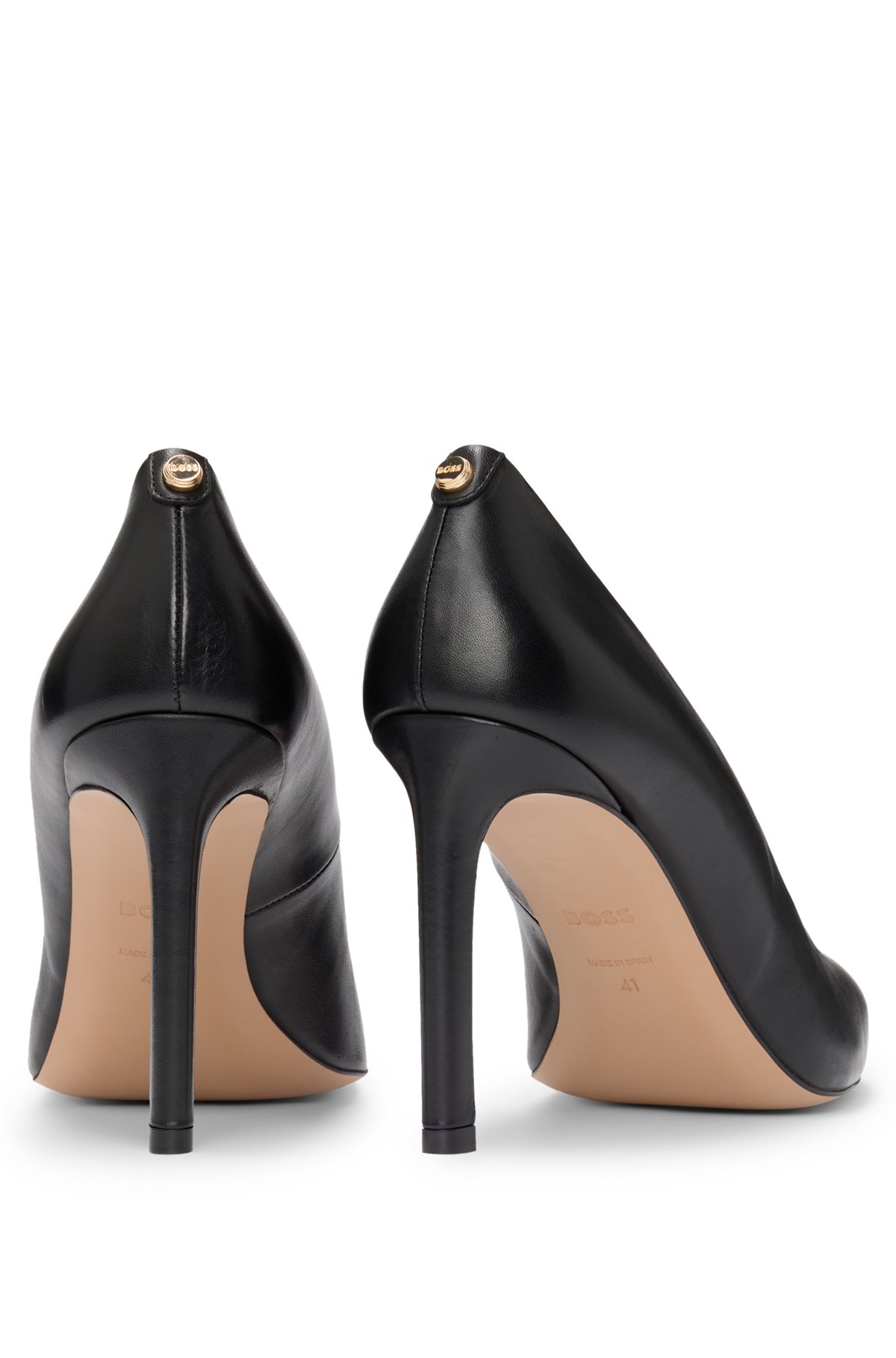 High-heeled pumps in leather with pointed toe, Black