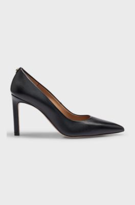 High-heeled pumps in leather with pointed toe, Black