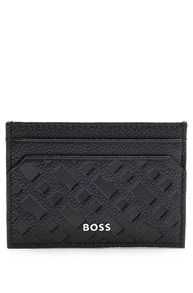 Grained-leather card holder with embossed monograms, Black
