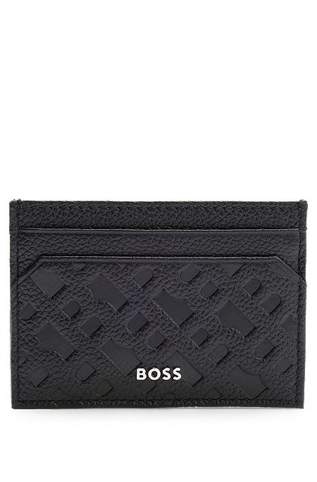 Grained-leather card holder with embossed monograms, Black