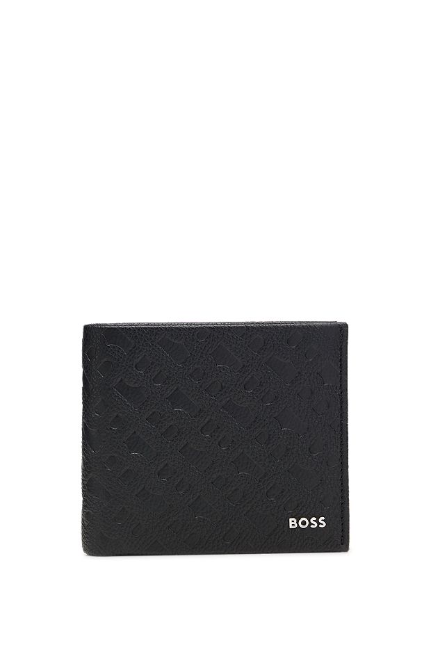 Grained-leather wallet with embossed monograms and coin pocket, Black