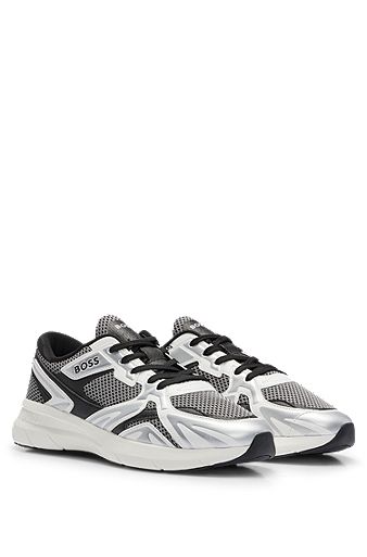 Mixed-material trainers with mesh and synthetic coated fabric, Silver
