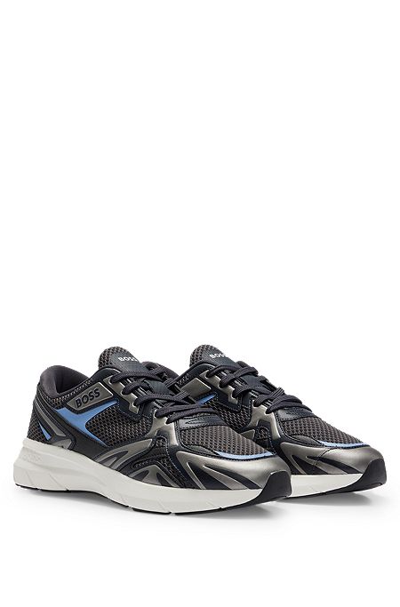 Mixed-material trainers with mesh and synthetic coated fabric, Black