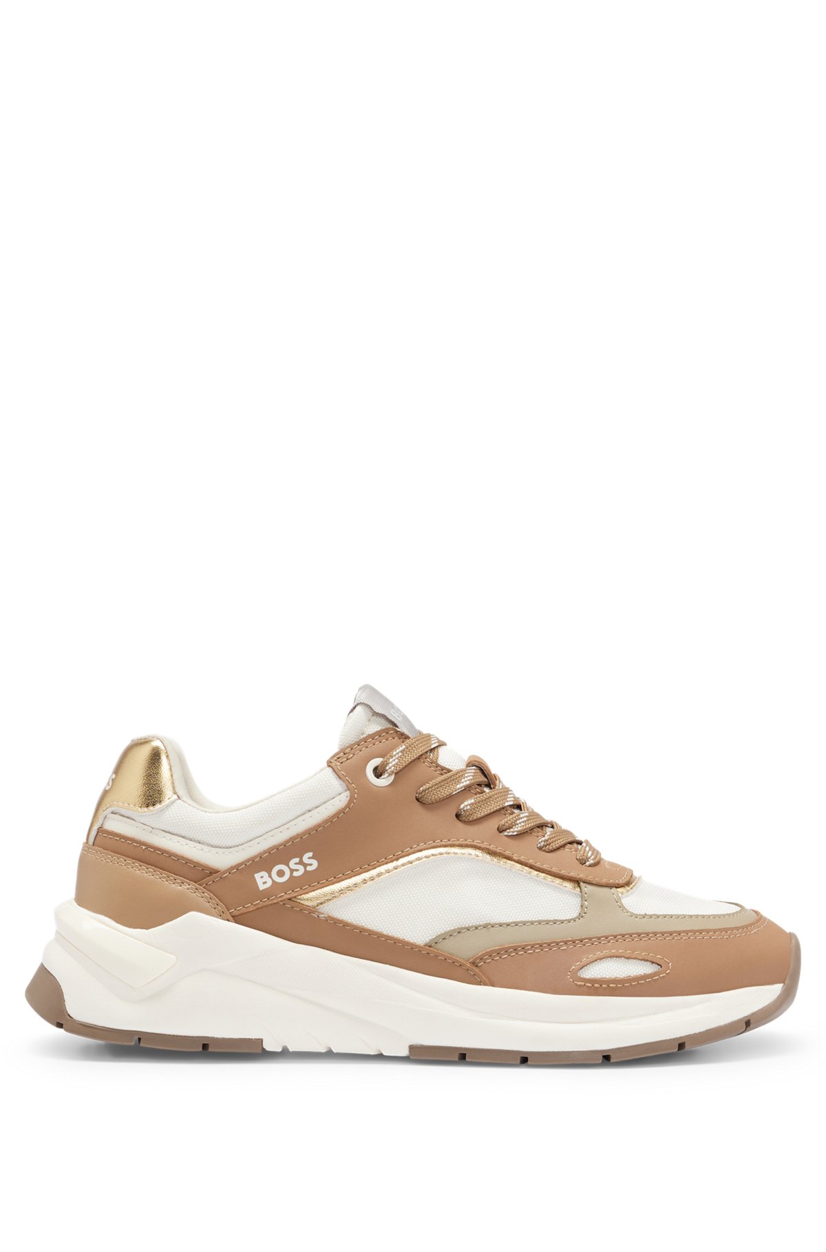 Mixed-material trainers with metallic details, Beige