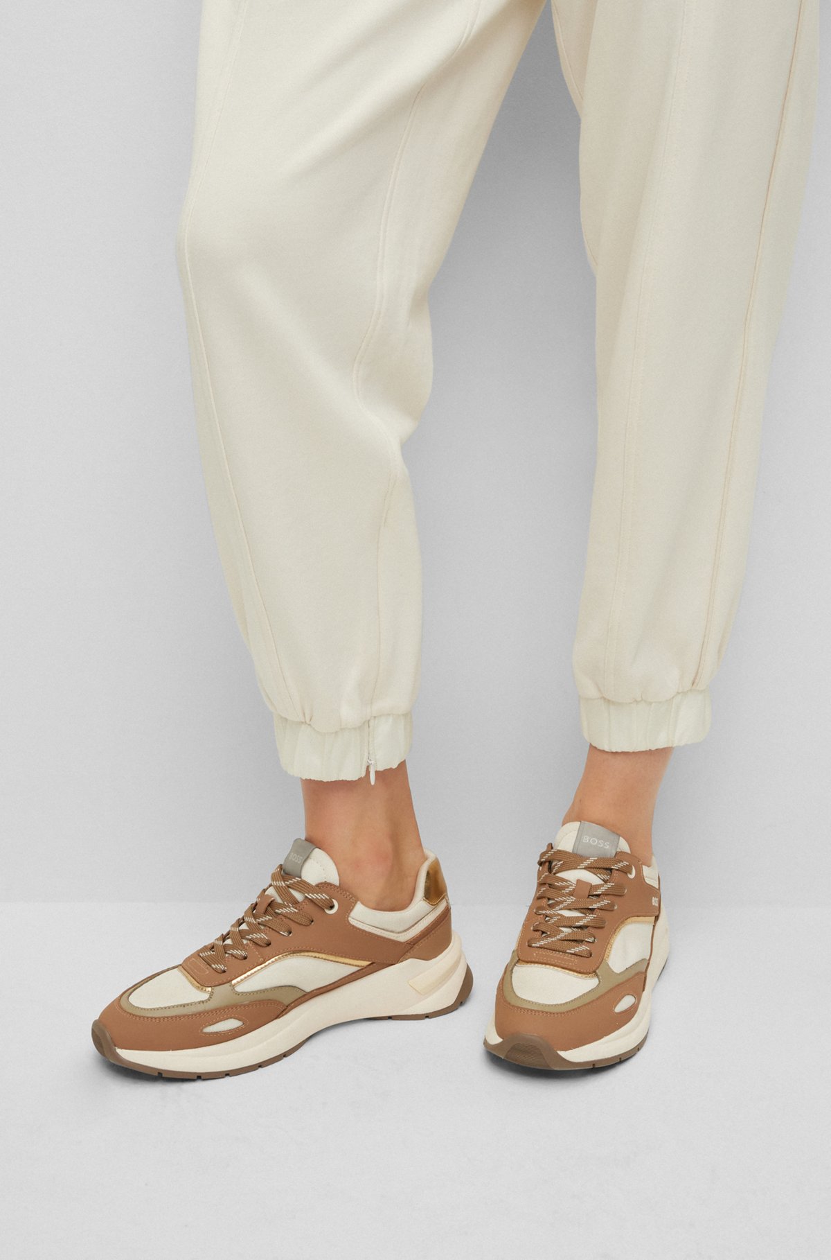 Mixed-material trainers with metallic details, Beige