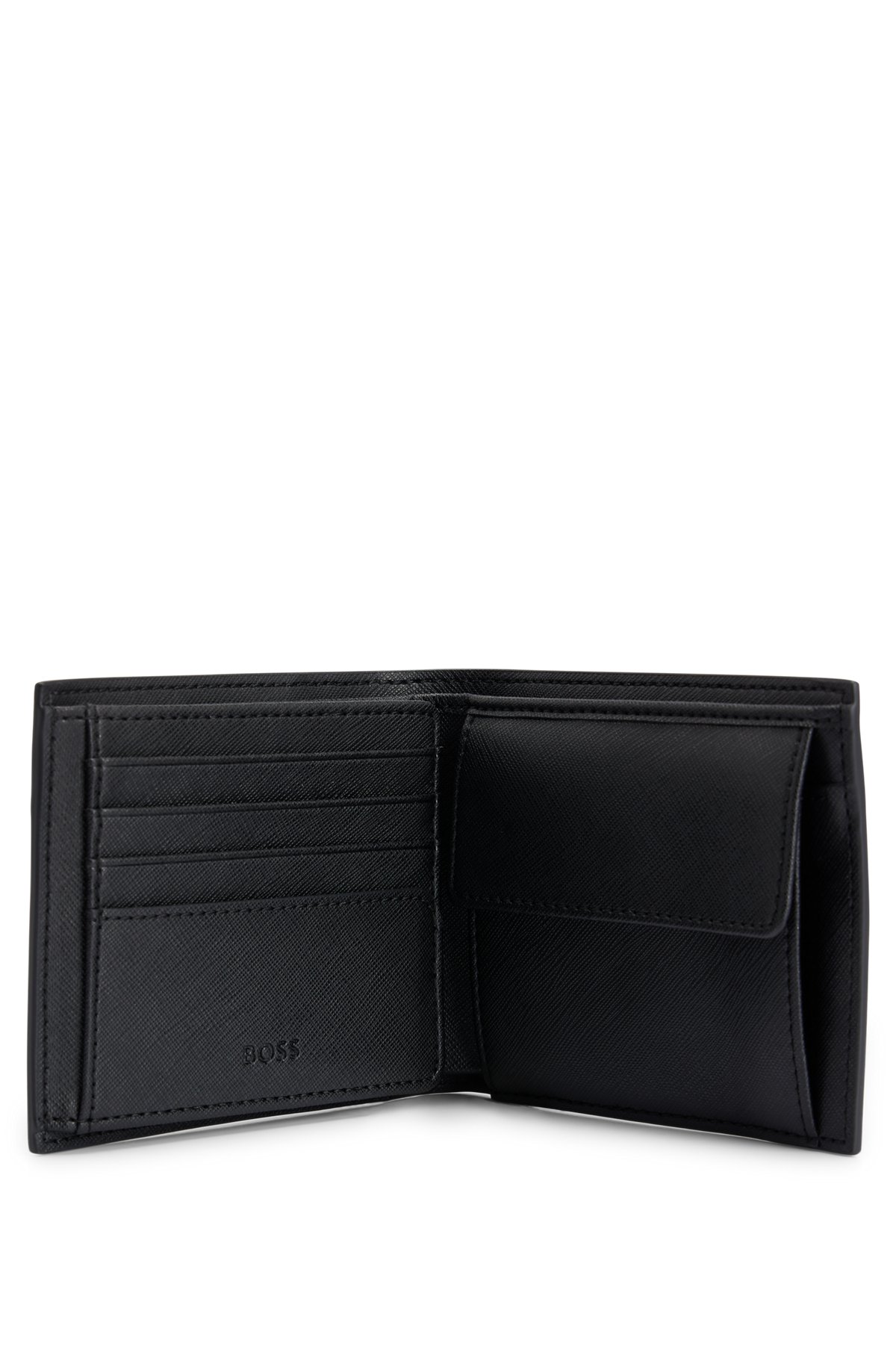 Structured trifold wallet with monogram detailing, Black