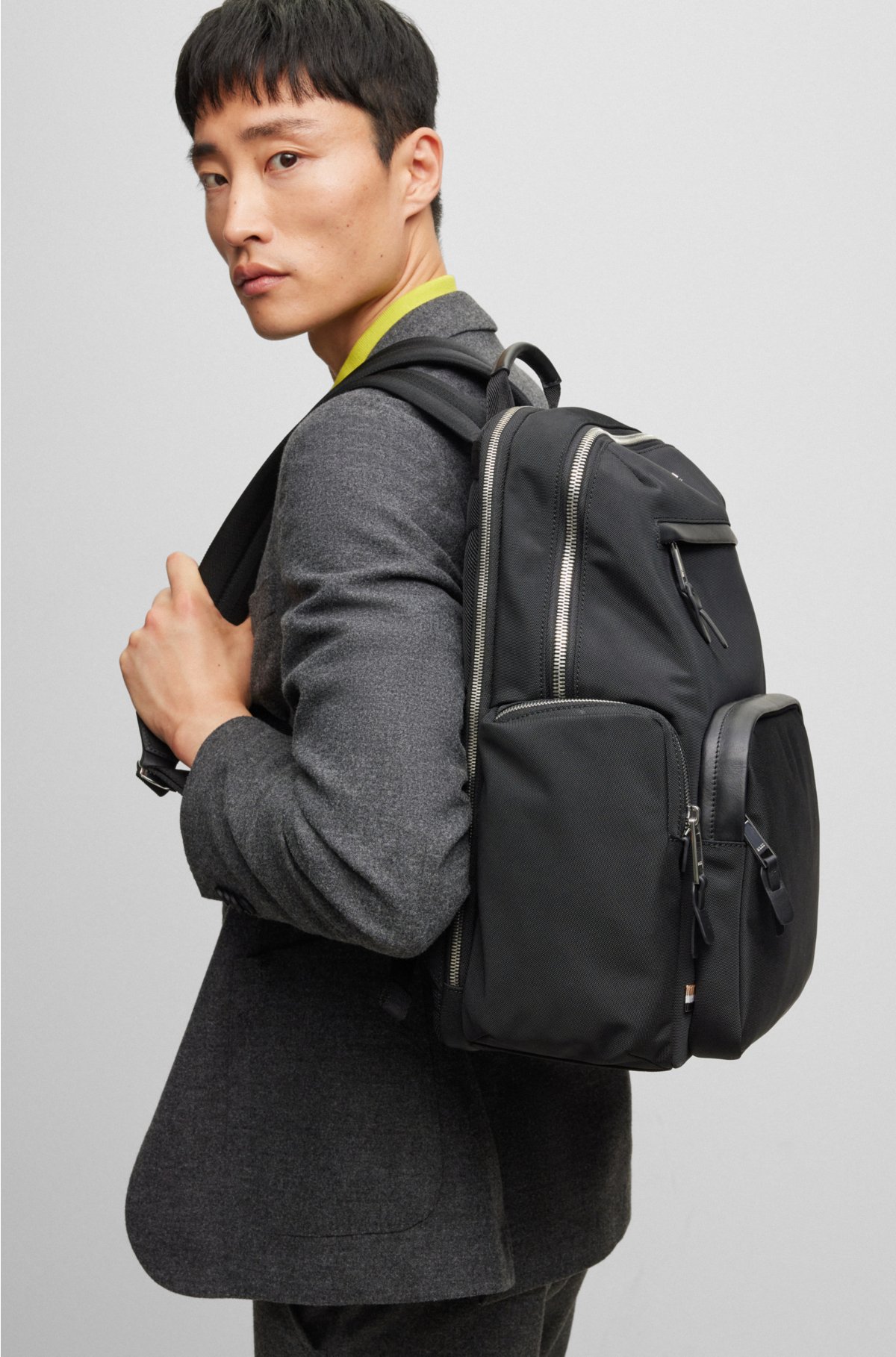 Structured-material backpack with logo and two-way zip, Black
