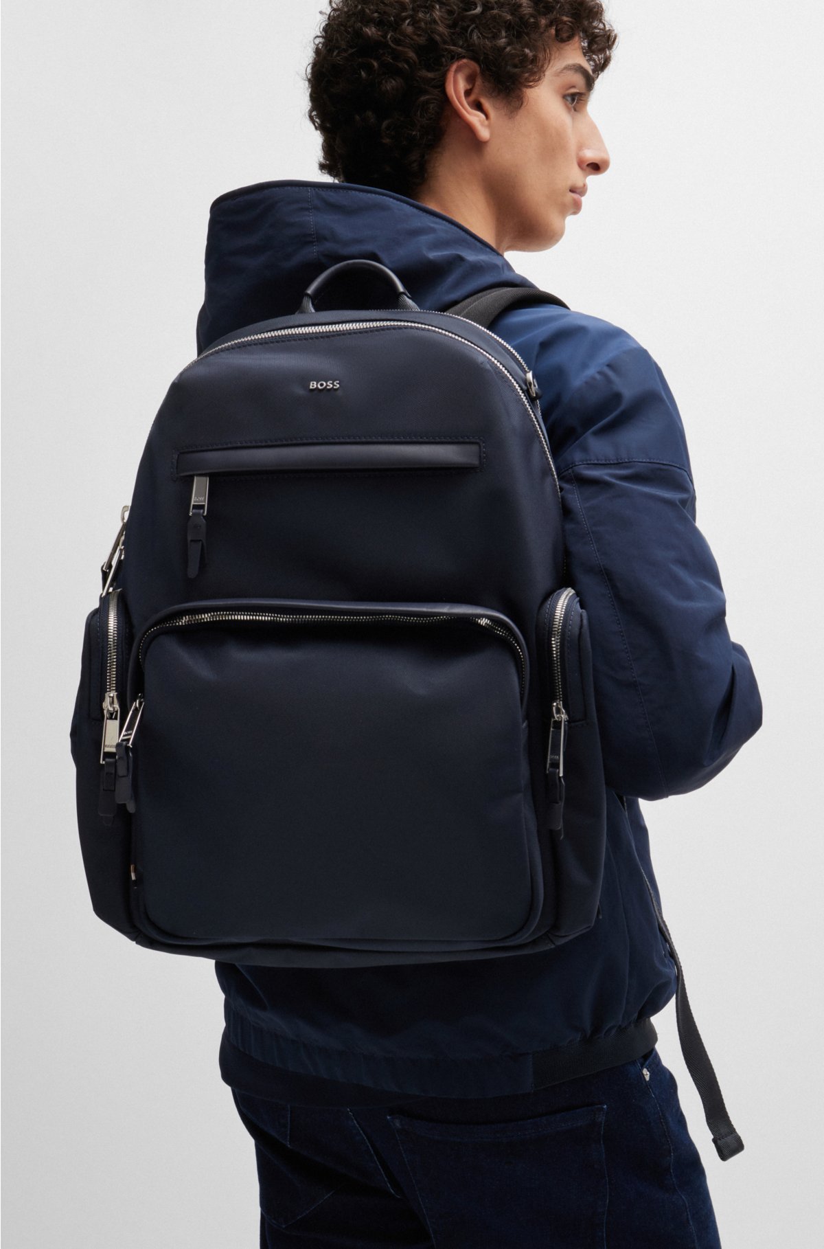 Structured-material backpack with logo and two-way zip, Dark Blue