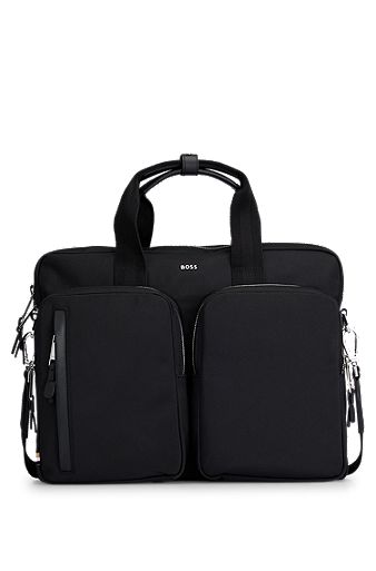 Document case with twin front pockets and logo lettering, Black