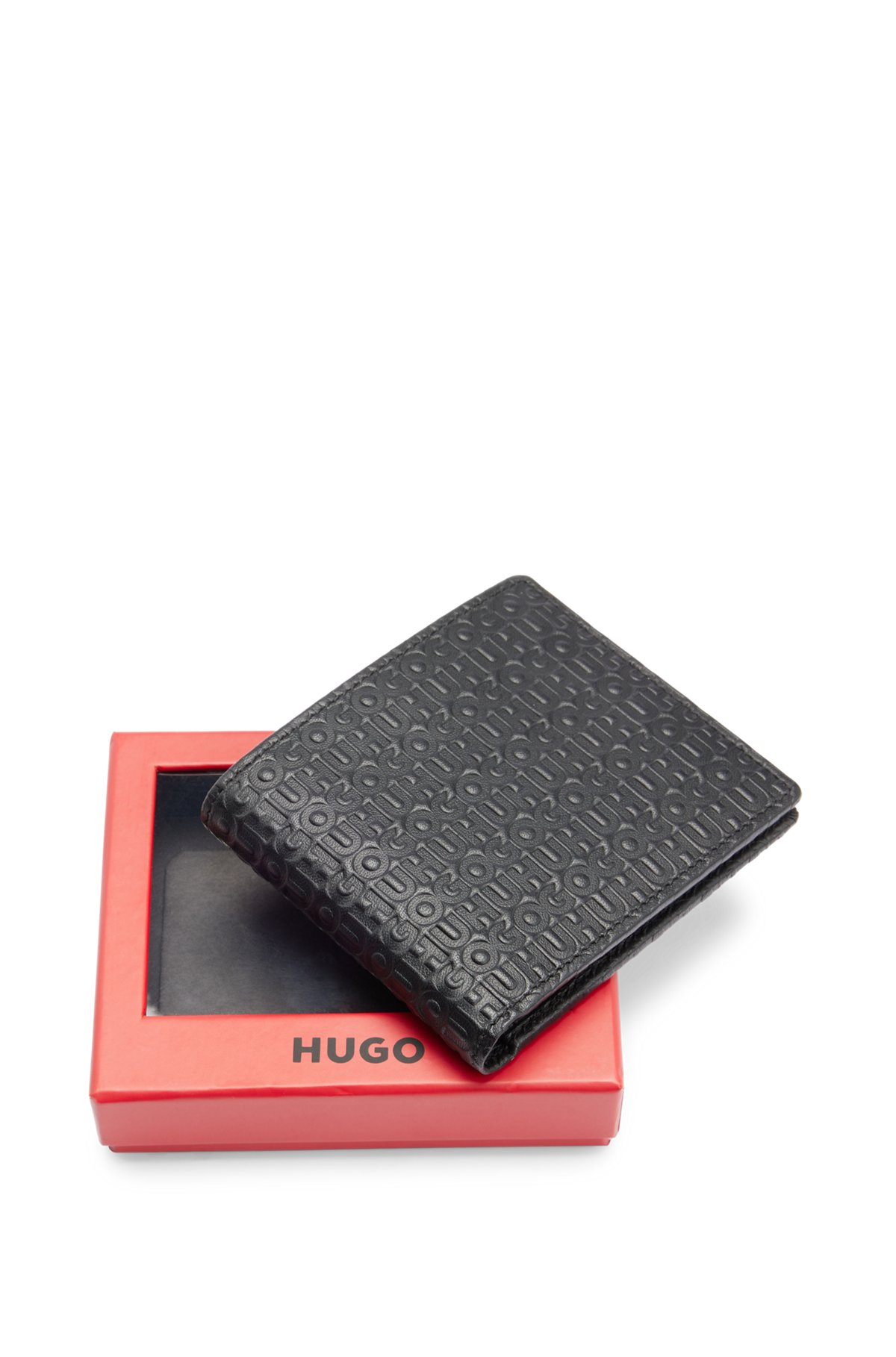 Leather wallet with embossed stacked logos, Black