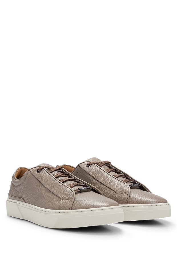 Grained-leather trainers with logo lace loop, Light Beige