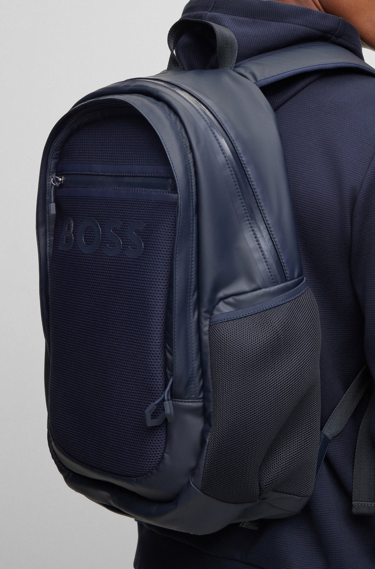 Mixed-structure backpack with raised logo, Dark Blue