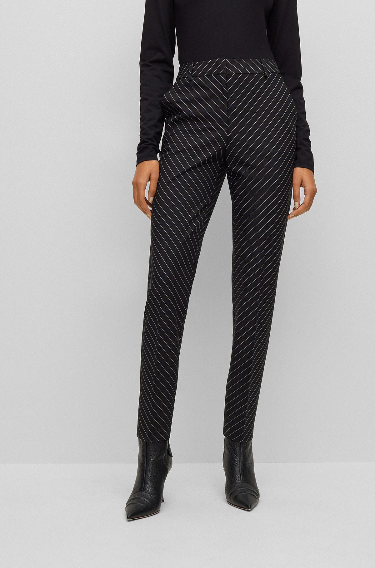 Pantalones regular fit en lana elástica con raya diplomática diagonal, Negro