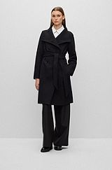 Manteau Regular Fit en laine mélangée avec ceinture, Noir