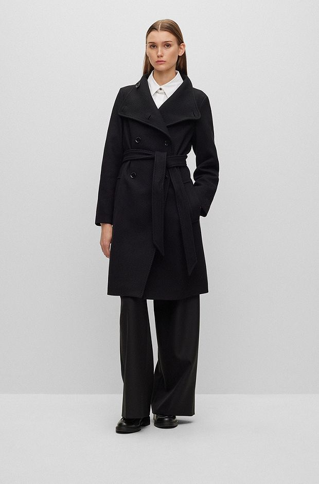 Manteau Regular Fit en laine mélangée avec ceinture, Noir