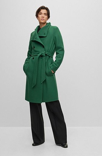 Regular-fit belted coat in a wool blend, Dark Green