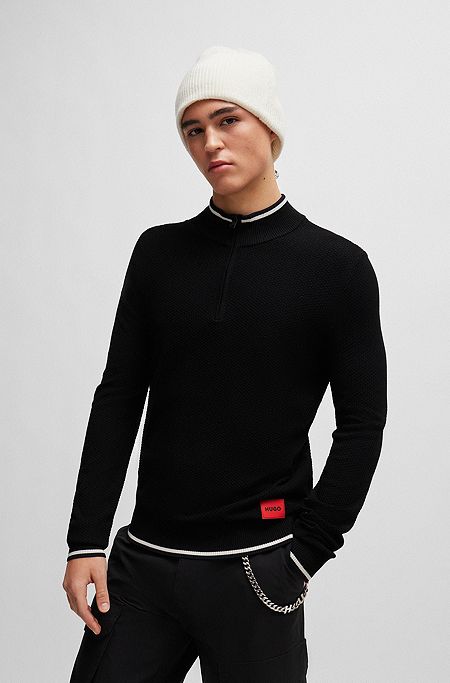 Zip-neck sweater with red logo label, Black