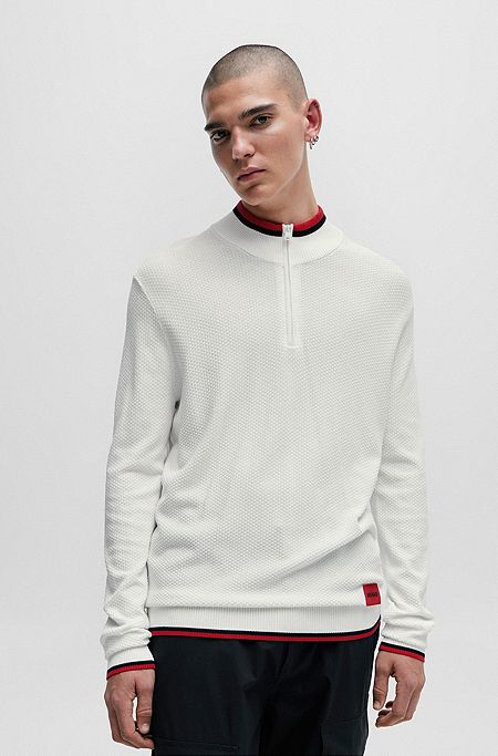 Zip-neck sweater with red logo label, White
