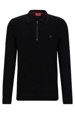 Zip-neck polo sweater with stacked-logo badge, Black