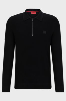 Zip-neck polo sweater with stacked-logo badge, Black