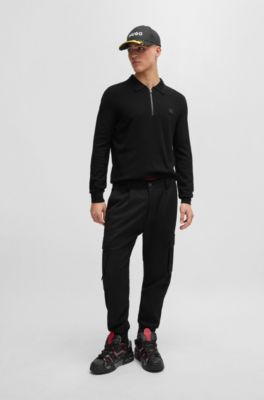 Zip-neck polo sweater with stacked-logo badge, Black