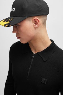 Zip-neck polo sweater with stacked-logo badge, Black