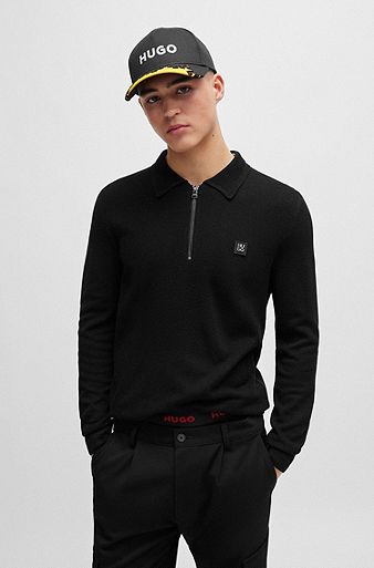 Zip-neck polo sweater with stacked-logo badge, Black