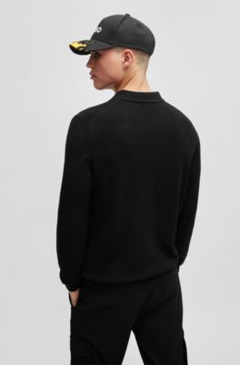 Zip-neck polo sweater with stacked-logo badge, Black