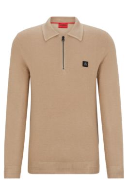 Zip-neck polo sweater with stacked-logo badge, Beige