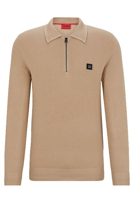 Zip-neck polo sweater with stacked-logo badge, Beige