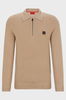 Zip-neck polo sweater with stacked-logo badge, Beige