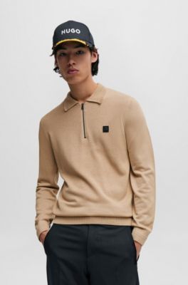 Zip-neck polo sweater with stacked-logo badge, Beige