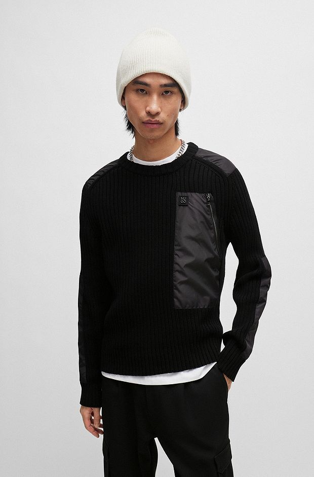 Ribbed-cotton sweater with tonal trims and stacked logo, Black