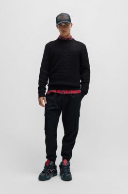 Relaxed-fit pure-cotton sweater with 3D knitted pattern, Black