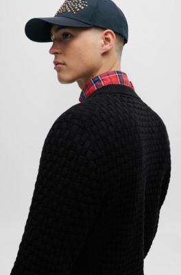 Relaxed-fit pure-cotton sweater with 3D knitted pattern, Black